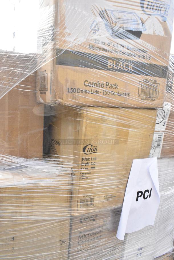 32 BRAND NEW! Boxes Including 127P100C Choice 1 oz. Clear Plastic Souffle Cup / Portion Cup - 2500/Case, 346WSNSM Choice Medium Weight White Wrapped Polypropylene Plastic Spork, Straw, and Napkin Kit - 1000/Case, 127RD16BULK Choice 16 oz. Customizable Microwavable Translucent Round Deli Container - 500/Case, 2 Box Southland Food Trays, 129MCS12B Choice 12 oz. Black 6" x 4 3/4" x 1 3/4" Rectangular Microwavable Heavy Weight Container with Lid - 150/Case, 612OB4LB Choice 4 lb. Oblong Foil Take-Out Container - 250/Case. 32 Times Your Bid! - Image 10 of 15