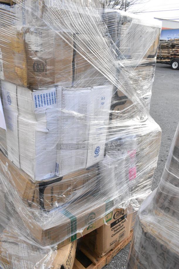 32 BRAND NEW! Boxes Including 127P100C Choice 1 oz. Clear Plastic Souffle Cup / Portion Cup - 2500/Case, 346WSNSM Choice Medium Weight White Wrapped Polypropylene Plastic Spork, Straw, and Napkin Kit - 1000/Case, 127RD16BULK Choice 16 oz. Customizable Microwavable Translucent Round Deli Container - 500/Case, 2 Box Southland Food Trays, 129MCS12B Choice 12 oz. Black 6" x 4 3/4" x 1 3/4" Rectangular Microwavable Heavy Weight Container with Lid - 150/Case, 612OB4LB Choice 4 lb. Oblong Foil Take-Out Container - 250/Case. 32 Times Your Bid! - Image 14 of 15