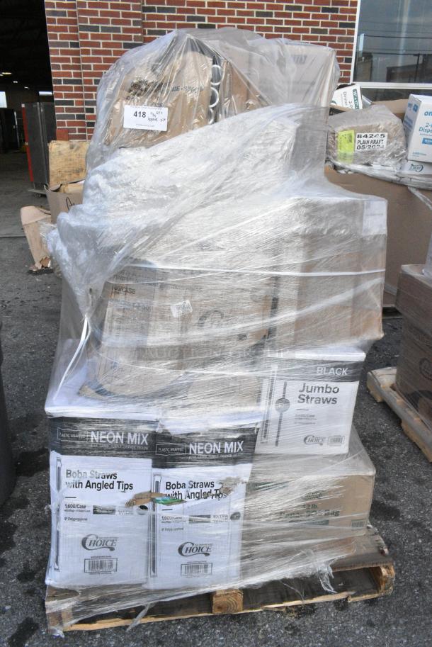 20 BRAND NEW! Boxes Including 2 Box 485WB9NEONW Choice 9" Neon Wide Pointed Straw, 433BR12BGC Choice 12 lb. Natural Kraft Paper Bag - 500/Case, 485WJ10BK Jumbo Straws, Tumbler Stackable 24 oz, 433CARRIER4 Choice Pulp Fiber 4 Cup Carrier, FCC20SS  Carafe. 20 Times Your Bid! - Image 1 of 13