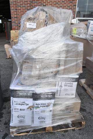 20 BRAND NEW! Boxes Including 2 Box 485WB9NEONW Choice 9" Neon Wide Pointed Straw, 433BR12BGC Choice 12 lb. Natural Kraft Paper Bag - 500/Case, 485WJ10BK Jumbo Straws, Tumbler Stackable 24 oz, 433CARRIER4 Choice Pulp Fiber 4 Cup Carrier, FCC20SS  Carafe. 20 Times Your Bid!