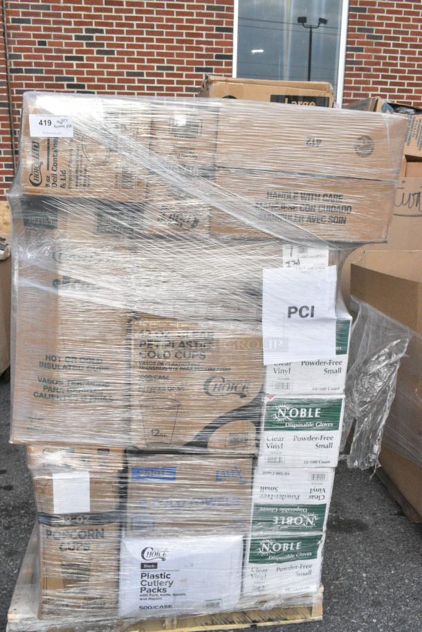 30 BRAND NEW! Boxes Including 129MCR24B Choice 24 oz. Black Round Microwavable Heavy Weight Container with Lid 7 1/4" - 150/Case, 128HD3COMBO Choice Heavy Duty 32 oz. Microwavable Translucent Plastic Deli Container and Lid Combo Pack - 240/Case, 500CC12 Choice Clear PET Customizable Plastic Cold Cup - 12 oz. - 1000/Case, 3 Box 394365S Noble Products Powder-Free Disposable Clear Vinyl Gloves for Foodservice - Small - 1000/Case, 760V32 Carnival King 32 oz. Popcorn Cup - 500/Case, 128HD8COMBO Choice Heavy Duty 8 oz. Microwavable Translucent Plastic Deli Container and Lid Combo Pack - 240/Case, 477BC214178KR Baker's Lane 2 1/4" x 1 7/8" Kraft Fluted Jumbo Baking Cup - 10000/Case, 347TCL5 Choice 5 oz. Clear Disposable Plastic Tumbler - 500/Case, 347TCL12 Choice 12 oz. Clear Disposable Plastic Tumbler - 500/Case. 30 Times Your Bid! - Image 1 of 18