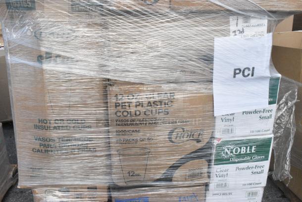 30 BRAND NEW! Boxes Including 129MCR24B Choice 24 oz. Black Round Microwavable Heavy Weight Container with Lid 7 1/4" - 150/Case, 128HD3COMBO Choice Heavy Duty 32 oz. Microwavable Translucent Plastic Deli Container and Lid Combo Pack - 240/Case, 500CC12 Choice Clear PET Customizable Plastic Cold Cup - 12 oz. - 1000/Case, 3 Box 394365S Noble Products Powder-Free Disposable Clear Vinyl Gloves for Foodservice - Small - 1000/Case, 760V32 Carnival King 32 oz. Popcorn Cup - 500/Case, 128HD8COMBO Choice Heavy Duty 8 oz. Microwavable Translucent Plastic Deli Container and Lid Combo Pack - 240/Case, 477BC214178KR Baker's Lane 2 1/4" x 1 7/8" Kraft Fluted Jumbo Baking Cup - 10000/Case, 347TCL5 Choice 5 oz. Clear Disposable Plastic Tumbler - 500/Case, 347TCL12 Choice 12 oz. Clear Disposable Plastic Tumbler - 500/Case. 30 Times Your Bid! - Image 4 of 18