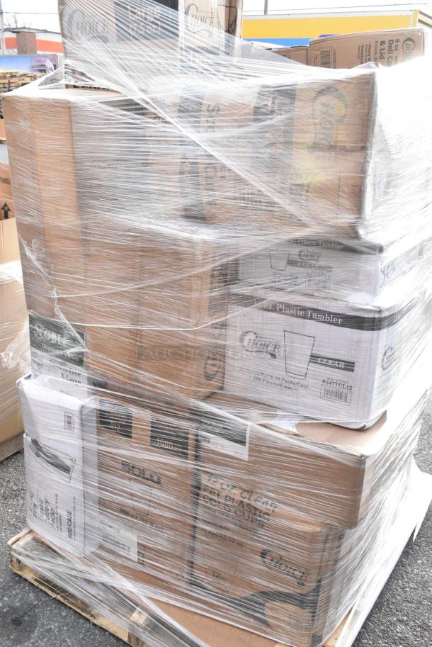 30 BRAND NEW! Boxes Including 129MCR24B Choice 24 oz. Black Round Microwavable Heavy Weight Container with Lid 7 1/4" - 150/Case, 128HD3COMBO Choice Heavy Duty 32 oz. Microwavable Translucent Plastic Deli Container and Lid Combo Pack - 240/Case, 500CC12 Choice Clear PET Customizable Plastic Cold Cup - 12 oz. - 1000/Case, 3 Box 394365S Noble Products Powder-Free Disposable Clear Vinyl Gloves for Foodservice - Small - 1000/Case, 760V32 Carnival King 32 oz. Popcorn Cup - 500/Case, 128HD8COMBO Choice Heavy Duty 8 oz. Microwavable Translucent Plastic Deli Container and Lid Combo Pack - 240/Case, 477BC214178KR Baker's Lane 2 1/4" x 1 7/8" Kraft Fluted Jumbo Baking Cup - 10000/Case, 347TCL5 Choice 5 oz. Clear Disposable Plastic Tumbler - 500/Case, 347TCL12 Choice 12 oz. Clear Disposable Plastic Tumbler - 500/Case. 30 Times Your Bid! - Image 13 of 18