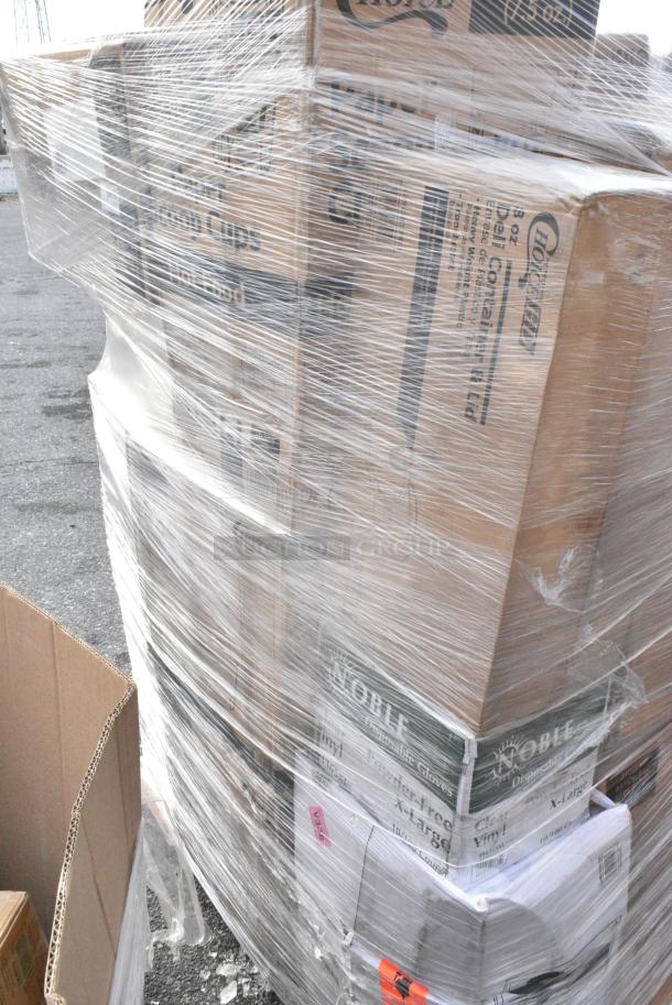 30 BRAND NEW! Boxes Including 129MCR24B Choice 24 oz. Black Round Microwavable Heavy Weight Container with Lid 7 1/4" - 150/Case, 128HD3COMBO Choice Heavy Duty 32 oz. Microwavable Translucent Plastic Deli Container and Lid Combo Pack - 240/Case, 500CC12 Choice Clear PET Customizable Plastic Cold Cup - 12 oz. - 1000/Case, 3 Box 394365S Noble Products Powder-Free Disposable Clear Vinyl Gloves for Foodservice - Small - 1000/Case, 760V32 Carnival King 32 oz. Popcorn Cup - 500/Case, 128HD8COMBO Choice Heavy Duty 8 oz. Microwavable Translucent Plastic Deli Container and Lid Combo Pack - 240/Case, 477BC214178KR Baker's Lane 2 1/4" x 1 7/8" Kraft Fluted Jumbo Baking Cup - 10000/Case, 347TCL5 Choice 5 oz. Clear Disposable Plastic Tumbler - 500/Case, 347TCL12 Choice 12 oz. Clear Disposable Plastic Tumbler - 500/Case. 30 Times Your Bid! - Image 17 of 18