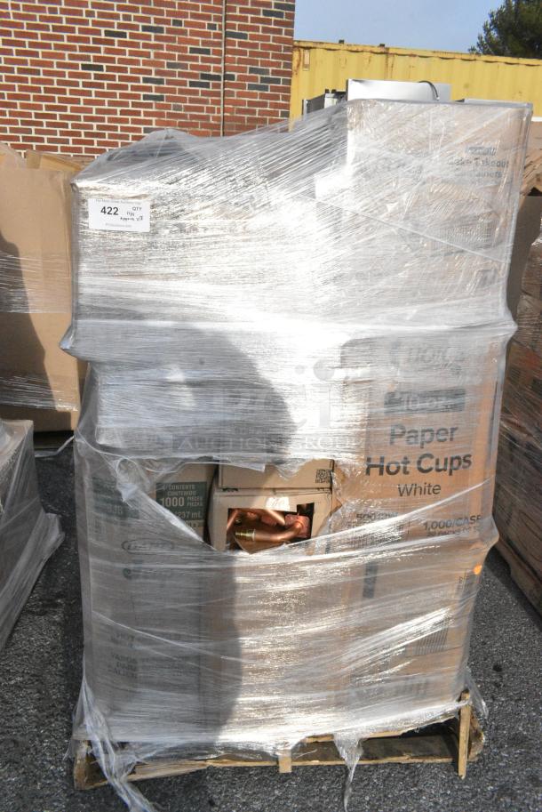 18 BRAND NEW! Boxes Including 50010W Choice 10 oz. White Poly Paper Hot Cup - 1000/Case, 8J8 Dart Foam Cup, 500TW7 Choice 7 oz. Translucent Thin Wall Plastic Cold Cup - 2500/Case, 50012W Choice Paper Hot Cup, 486WB9NEONW Choice 9" Neon Extra Wide Pointed Wrapped Boba Straw. 18 Times Your Bid! - Image 1 of 11