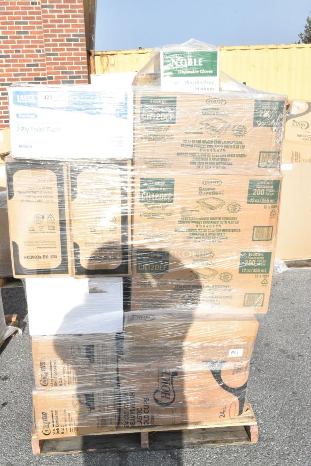 30 BRAND NEW! Boxes Including 3 Box CH12DEF Dart ClearPac SafeSeal 12 oz. Tamper-Resistant, Tamper-Evident Hinged Container with Flat Lid - 200/Case, 2 Box 128HD12COMBO Choice Heavy Duty 12 oz. Microwavable Translucent Plastic Deli Container and Lid Combo Pack - 240/Case, 5002TP3X448P Lavex Premium 3 1/2" x 4 1/2" Individually Wrapped 2-Ply Standard 500 Sheet Toilet Paper Roll - 48/Case, 130BKSPOONH Choice Black Heavy Weight Polystyrene Plastic Teaspoon - 1000/Case, 2 Box 130BKSPOONH Choice Black Heavy Weight Polystyrene Plastic Teaspoon - 1000/Case, 500CC16HD 16 oz. Plastic Cold Cup - 1000/Case. 30 Times Your Bid! - Image 1 of 18