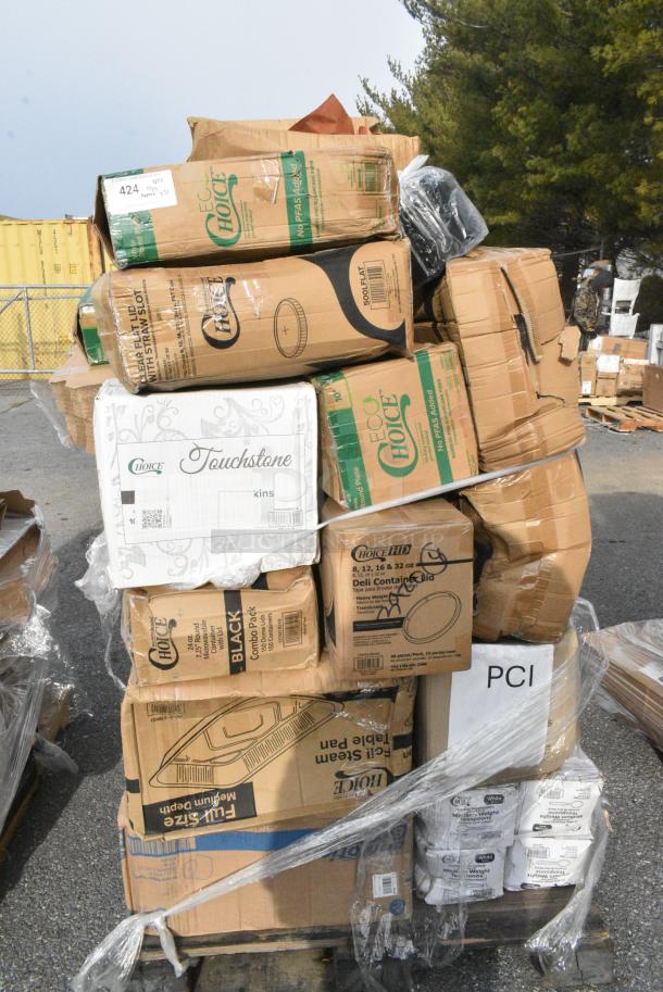 30 BRAND NEW! Boxes Including 500LFLAT Choice Clear Flat Lid with Straw Slot - 9, 12, 16, 20, and 24 oz. - 1000/Case, 395RP09 EcoChoice No PFAS Added Bamboo / Bagasse Blend 9" Plate - 500/Case, 128HDLDBULK Choice Heavy Duty Microwavable Translucent Plastic Deli Container Lid - 480/Case, 129MCR24B Choice 24 oz. Black Round Microwavable Heavy Weight Container with Lid 7 1/4" - 150/Case, 5005DNAPFLTE Choice 14" x 14" White Linen-Feel Flat-Packed Dinner Napkin - 1000/Case, 4 Box 130WSPOON Choice Medium Weight White Plastic Teaspoon - 1000/Case, 760SOUP8KFT EcoChoice 8 oz. Kraft Paper Food Cup with Vented Lid - 250/Case, 394365M Noble Products Powder-Free Disposable Clear Vinyl Gloves for Foodservice - Medium - 1000/Case, 394365L Noble Products Powder-Free Disposable Clear Vinyl Gloves for Foodservice - Large - 1000/Case, 5002TPJPREM Lavex Premium 2-Ply 720' Universal Jumbo Toilet Paper Roll with 9" Diameter - 12/Case, 760PCC16 Choice 16 oz. Poly Paper Cold Cup - 1000/Case, 5008DWPLAKR EcoChoice 8 oz. Squat Smooth Double Wall Kraft Compostable Paper Hot Cup - 500/Case, 612605070HD Choice Full Size Heavy-Duty Foil Steam Table Pan Deep 3 3/8" Depth - 50/Case, 129MCR24B Choice 24 oz. Black Round Microwavable Heavy Weight Container with Lid 7 1/4" - 150/Case. 30 Times Your Bid! - Image 1 of 19