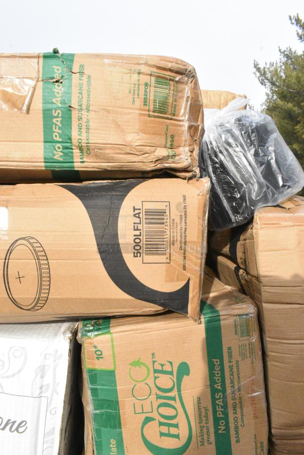 30 BRAND NEW! Boxes Including 500LFLAT Choice Clear Flat Lid with Straw Slot - 9, 12, 16, 20, and 24 oz. - 1000/Case, 395RP09 EcoChoice No PFAS Added Bamboo / Bagasse Blend 9" Plate - 500/Case, 128HDLDBULK Choice Heavy Duty Microwavable Translucent Plastic Deli Container Lid - 480/Case, 129MCR24B Choice 24 oz. Black Round Microwavable Heavy Weight Container with Lid 7 1/4" - 150/Case, 5005DNAPFLTE Choice 14" x 14" White Linen-Feel Flat-Packed Dinner Napkin - 1000/Case, 4 Box 130WSPOON Choice Medium Weight White Plastic Teaspoon - 1000/Case, 760SOUP8KFT EcoChoice 8 oz. Kraft Paper Food Cup with Vented Lid - 250/Case, 394365M Noble Products Powder-Free Disposable Clear Vinyl Gloves for Foodservice - Medium - 1000/Case, 394365L Noble Products Powder-Free Disposable Clear Vinyl Gloves for Foodservice - Large - 1000/Case, 5002TPJPREM Lavex Premium 2-Ply 720' Universal Jumbo Toilet Paper Roll with 9" Diameter - 12/Case, 760PCC16 Choice 16 oz. Poly Paper Cold Cup - 1000/Case, 5008DWPLAKR EcoChoice 8 oz. Squat Smooth Double Wall Kraft Compostable Paper Hot Cup - 500/Case, 612605070HD Choice Full Size Heavy-Duty Foil Steam Table Pan Deep 3 3/8" Depth - 50/Case, 129MCR24B Choice 24 oz. Black Round Microwavable Heavy Weight Container with Lid 7 1/4" - 150/Case. 30 Times Your Bid! - Image 2 of 19