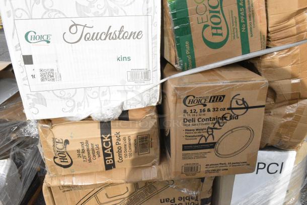 30 BRAND NEW! Boxes Including 500LFLAT Choice Clear Flat Lid with Straw Slot - 9, 12, 16, 20, and 24 oz. - 1000/Case, 395RP09 EcoChoice No PFAS Added Bamboo / Bagasse Blend 9" Plate - 500/Case, 128HDLDBULK Choice Heavy Duty Microwavable Translucent Plastic Deli Container Lid - 480/Case, 129MCR24B Choice 24 oz. Black Round Microwavable Heavy Weight Container with Lid 7 1/4" - 150/Case, 5005DNAPFLTE Choice 14" x 14" White Linen-Feel Flat-Packed Dinner Napkin - 1000/Case, 4 Box 130WSPOON Choice Medium Weight White Plastic Teaspoon - 1000/Case, 760SOUP8KFT EcoChoice 8 oz. Kraft Paper Food Cup with Vented Lid - 250/Case, 394365M Noble Products Powder-Free Disposable Clear Vinyl Gloves for Foodservice - Medium - 1000/Case, 394365L Noble Products Powder-Free Disposable Clear Vinyl Gloves for Foodservice - Large - 1000/Case, 5002TPJPREM Lavex Premium 2-Ply 720' Universal Jumbo Toilet Paper Roll with 9" Diameter - 12/Case, 760PCC16 Choice 16 oz. Poly Paper Cold Cup - 1000/Case, 5008DWPLAKR EcoChoice 8 oz. Squat Smooth Double Wall Kraft Compostable Paper Hot Cup - 500/Case, 612605070HD Choice Full Size Heavy-Duty Foil Steam Table Pan Deep 3 3/8" Depth - 50/Case, 129MCR24B Choice 24 oz. Black Round Microwavable Heavy Weight Container with Lid 7 1/4" - 150/Case. 30 Times Your Bid! - Image 3 of 19