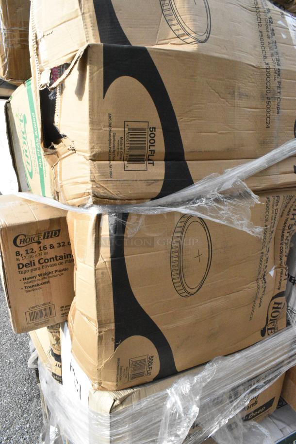 30 BRAND NEW! Boxes Including 500LFLAT Choice Clear Flat Lid with Straw Slot - 9, 12, 16, 20, and 24 oz. - 1000/Case, 395RP09 EcoChoice No PFAS Added Bamboo / Bagasse Blend 9" Plate - 500/Case, 128HDLDBULK Choice Heavy Duty Microwavable Translucent Plastic Deli Container Lid - 480/Case, 129MCR24B Choice 24 oz. Black Round Microwavable Heavy Weight Container with Lid 7 1/4" - 150/Case, 5005DNAPFLTE Choice 14" x 14" White Linen-Feel Flat-Packed Dinner Napkin - 1000/Case, 4 Box 130WSPOON Choice Medium Weight White Plastic Teaspoon - 1000/Case, 760SOUP8KFT EcoChoice 8 oz. Kraft Paper Food Cup with Vented Lid - 250/Case, 394365M Noble Products Powder-Free Disposable Clear Vinyl Gloves for Foodservice - Medium - 1000/Case, 394365L Noble Products Powder-Free Disposable Clear Vinyl Gloves for Foodservice - Large - 1000/Case, 5002TPJPREM Lavex Premium 2-Ply 720' Universal Jumbo Toilet Paper Roll with 9" Diameter - 12/Case, 760PCC16 Choice 16 oz. Poly Paper Cold Cup - 1000/Case, 5008DWPLAKR EcoChoice 8 oz. Squat Smooth Double Wall Kraft Compostable Paper Hot Cup - 500/Case, 612605070HD Choice Full Size Heavy-Duty Foil Steam Table Pan Deep 3 3/8" Depth - 50/Case, 129MCR24B Choice 24 oz. Black Round Microwavable Heavy Weight Container with Lid 7 1/4" - 150/Case. 30 Times Your Bid! - Image 7 of 19