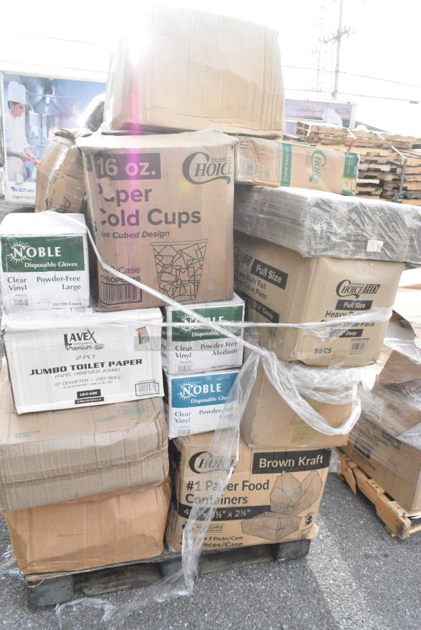 30 BRAND NEW! Boxes Including 500LFLAT Choice Clear Flat Lid with Straw Slot - 9, 12, 16, 20, and 24 oz. - 1000/Case, 395RP09 EcoChoice No PFAS Added Bamboo / Bagasse Blend 9" Plate - 500/Case, 128HDLDBULK Choice Heavy Duty Microwavable Translucent Plastic Deli Container Lid - 480/Case, 129MCR24B Choice 24 oz. Black Round Microwavable Heavy Weight Container with Lid 7 1/4" - 150/Case, 5005DNAPFLTE Choice 14" x 14" White Linen-Feel Flat-Packed Dinner Napkin - 1000/Case, 4 Box 130WSPOON Choice Medium Weight White Plastic Teaspoon - 1000/Case, 760SOUP8KFT EcoChoice 8 oz. Kraft Paper Food Cup with Vented Lid - 250/Case, 394365M Noble Products Powder-Free Disposable Clear Vinyl Gloves for Foodservice - Medium - 1000/Case, 394365L Noble Products Powder-Free Disposable Clear Vinyl Gloves for Foodservice - Large - 1000/Case, 5002TPJPREM Lavex Premium 2-Ply 720' Universal Jumbo Toilet Paper Roll with 9" Diameter - 12/Case, 760PCC16 Choice 16 oz. Poly Paper Cold Cup - 1000/Case, 5008DWPLAKR EcoChoice 8 oz. Squat Smooth Double Wall Kraft Compostable Paper Hot Cup - 500/Case, 612605070HD Choice Full Size Heavy-Duty Foil Steam Table Pan Deep 3 3/8" Depth - 50/Case, 129MCR24B Choice 24 oz. Black Round Microwavable Heavy Weight Container with Lid 7 1/4" - 150/Case. 30 Times Your Bid! - Image 11 of 19