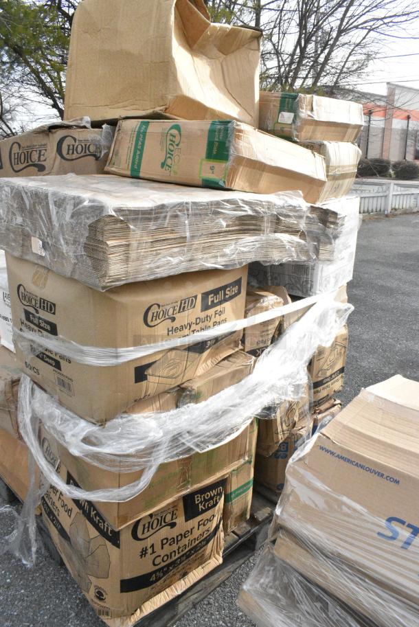 30 BRAND NEW! Boxes Including 500LFLAT Choice Clear Flat Lid with Straw Slot - 9, 12, 16, 20, and 24 oz. - 1000/Case, 395RP09 EcoChoice No PFAS Added Bamboo / Bagasse Blend 9" Plate - 500/Case, 128HDLDBULK Choice Heavy Duty Microwavable Translucent Plastic Deli Container Lid - 480/Case, 129MCR24B Choice 24 oz. Black Round Microwavable Heavy Weight Container with Lid 7 1/4" - 150/Case, 5005DNAPFLTE Choice 14" x 14" White Linen-Feel Flat-Packed Dinner Napkin - 1000/Case, 4 Box 130WSPOON Choice Medium Weight White Plastic Teaspoon - 1000/Case, 760SOUP8KFT EcoChoice 8 oz. Kraft Paper Food Cup with Vented Lid - 250/Case, 394365M Noble Products Powder-Free Disposable Clear Vinyl Gloves for Foodservice - Medium - 1000/Case, 394365L Noble Products Powder-Free Disposable Clear Vinyl Gloves for Foodservice - Large - 1000/Case, 5002TPJPREM Lavex Premium 2-Ply 720' Universal Jumbo Toilet Paper Roll with 9" Diameter - 12/Case, 760PCC16 Choice 16 oz. Poly Paper Cold Cup - 1000/Case, 5008DWPLAKR EcoChoice 8 oz. Squat Smooth Double Wall Kraft Compostable Paper Hot Cup - 500/Case, 612605070HD Choice Full Size Heavy-Duty Foil Steam Table Pan Deep 3 3/8" Depth - 50/Case, 129MCR24B Choice 24 oz. Black Round Microwavable Heavy Weight Container with Lid 7 1/4" - 150/Case. 30 Times Your Bid! - Image 17 of 19