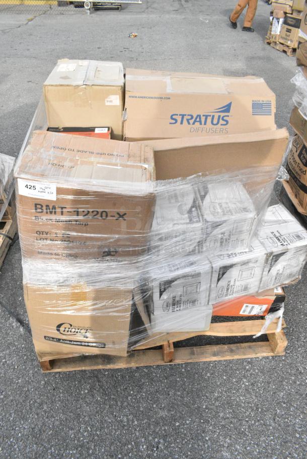 20 BRAND NEW! Boxes Including 3 Box BMT-1220-X Black Mesh Tarp, 5 Box 347SP8WH Visions Florence 8" Square White Plastic Plate - 120/Case, 55027382492 Stolzle 2730008T/2492 Glisten 8 oz. Matte Black/Gold Coupe Glass - 6/Case, 176SB32BLW Choice 32 oz. Blue Wide Mouth Squeeze Bottle - 6/Pack. 20 Times Your Bid! - Image 1 of 11
