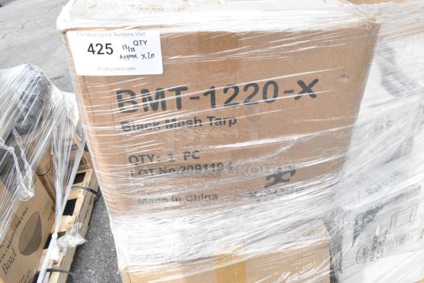 20 BRAND NEW! Boxes Including 3 Box BMT-1220-X Black Mesh Tarp, 5 Box 347SP8WH Visions Florence 8" Square White Plastic Plate - 120/Case, 55027382492 Stolzle 2730008T/2492 Glisten 8 oz. Matte Black/Gold Coupe Glass - 6/Case, 176SB32BLW Choice 32 oz. Blue Wide Mouth Squeeze Bottle - 6/Pack. 20 Times Your Bid! - Image 2 of 11
