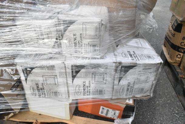20 BRAND NEW! Boxes Including 3 Box BMT-1220-X Black Mesh Tarp, 5 Box 347SP8WH Visions Florence 8" Square White Plastic Plate - 120/Case, 55027382492 Stolzle 2730008T/2492 Glisten 8 oz. Matte Black/Gold Coupe Glass - 6/Case, 176SB32BLW Choice 32 oz. Blue Wide Mouth Squeeze Bottle - 6/Pack. 20 Times Your Bid! - Image 3 of 11
