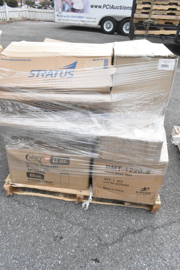 20 BRAND NEW! Boxes Including 3 Box BMT-1220-X Black Mesh Tarp, 5 Box 347SP8WH Visions Florence 8" Square White Plastic Plate - 120/Case, 55027382492 Stolzle 2730008T/2492 Glisten 8 oz. Matte Black/Gold Coupe Glass - 6/Case, 176SB32BLW Choice 32 oz. Blue Wide Mouth Squeeze Bottle - 6/Pack. 20 Times Your Bid! - Image 9 of 11