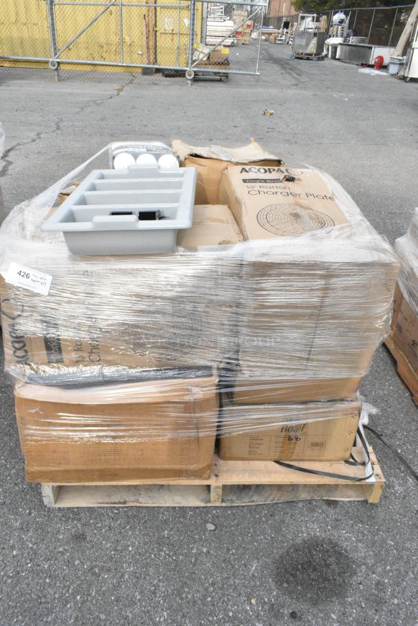 15 BRAND NEW! Boxes Including 553CGR13RTD Acopa 13" Round Brunet Rattan Charger Plate - 12/Pack, 304GRY130 Acopa Apollo 28 oz. Matte Grey and Black Melamine Bowl - 12/Pack, Hardwound Roll Towels, Choice Wide Mouth Squeeze Bottles, 109CARTBUSBK Choice Black Utility / Bussing Cart with Three Shelves - 32" x 16", 303SPH3WH Tuxton BWQ-034 3 1/2" White China Sugar Packet Holder / Caddy - 12/Case. 15 Times Your Bid! - Image 1 of 12