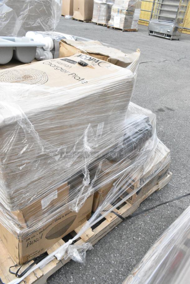 15 BRAND NEW! Boxes Including 553CGR13RTD Acopa 13" Round Brunet Rattan Charger Plate - 12/Pack, 304GRY130 Acopa Apollo 28 oz. Matte Grey and Black Melamine Bowl - 12/Pack, Hardwound Roll Towels, Choice Wide Mouth Squeeze Bottles, 109CARTBUSBK Choice Black Utility / Bussing Cart with Three Shelves - 32" x 16", 303SPH3WH Tuxton BWQ-034 3 1/2" White China Sugar Packet Holder / Caddy - 12/Case. 15 Times Your Bid! - Image 7 of 12