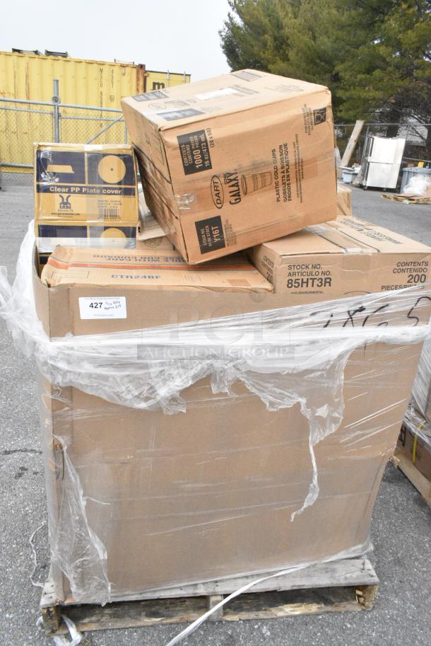 15 BRAND NEW! Boxes Including Y16T 16OZ DART GALAXY PLASTIC CUPS, CTR24BF Dart Tamper Evident Bowl With Lid, Dart 85HT3R 8" x 8" x 3" White Foam Three-Compartment Square Take Out Container with Perforated Hinged Lid - 200/Case, 2 Box PP Plate Covers. 15 Times Your Bid! - Image 1 of 12