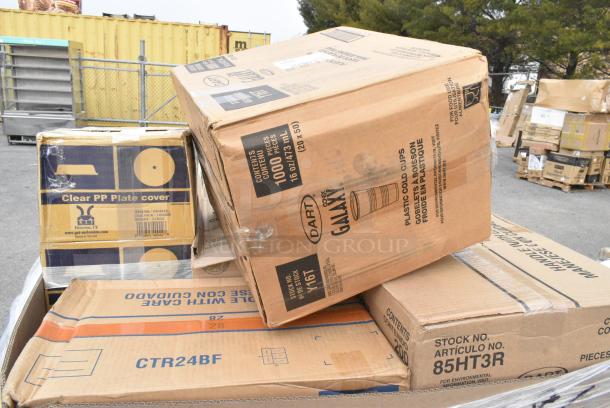 15 BRAND NEW! Boxes Including Y16T 16OZ DART GALAXY PLASTIC CUPS, CTR24BF Dart Tamper Evident Bowl With Lid, Dart 85HT3R 8" x 8" x 3" White Foam Three-Compartment Square Take Out Container with Perforated Hinged Lid - 200/Case, 2 Box PP Plate Covers. 15 Times Your Bid! - Image 2 of 12