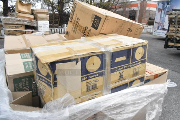 15 BRAND NEW! Boxes Including Y16T 16OZ DART GALAXY PLASTIC CUPS, CTR24BF Dart Tamper Evident Bowl With Lid, Dart 85HT3R 8" x 8" x 3" White Foam Three-Compartment Square Take Out Container with Perforated Hinged Lid - 200/Case, 2 Box PP Plate Covers. 15 Times Your Bid! - Image 7 of 12