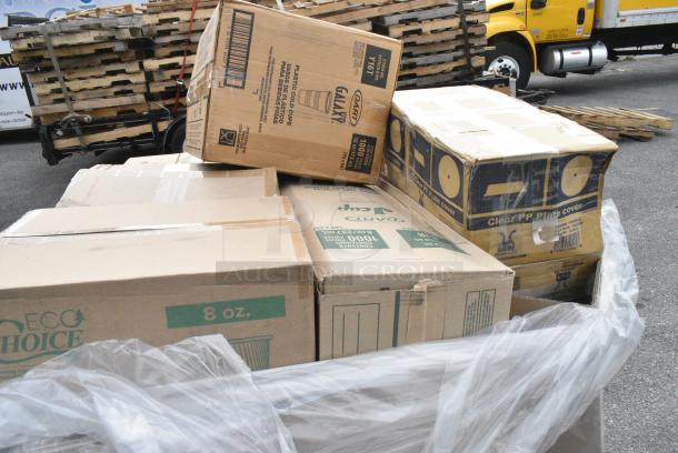 15 BRAND NEW! Boxes Including Y16T 16OZ DART GALAXY PLASTIC CUPS, CTR24BF Dart Tamper Evident Bowl With Lid, Dart 85HT3R 8" x 8" x 3" White Foam Three-Compartment Square Take Out Container with Perforated Hinged Lid - 200/Case, 2 Box PP Plate Covers. 15 Times Your Bid! - Image 8 of 12