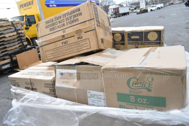 15 BRAND NEW! Boxes Including Y16T 16OZ DART GALAXY PLASTIC CUPS, CTR24BF Dart Tamper Evident Bowl With Lid, Dart 85HT3R 8" x 8" x 3" White Foam Three-Compartment Square Take Out Container with Perforated Hinged Lid - 200/Case, 2 Box PP Plate Covers. 15 Times Your Bid! - Image 10 of 12