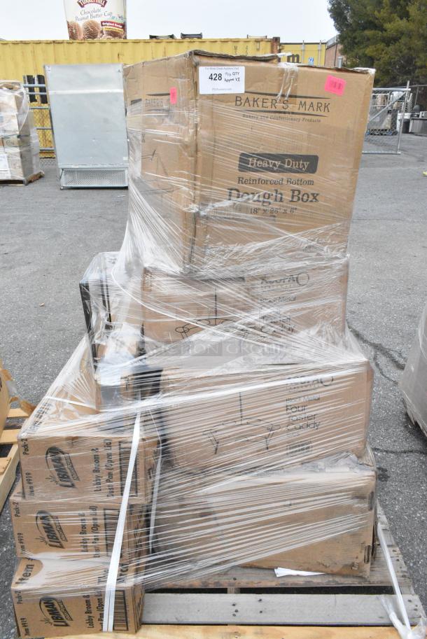 8 BRAND NEW! Boxes Including 176DB18266 Baker's Lane 18" x 26" x 6" White Heavy-Duty Polypropylene Dough Proofing Box, 553FLCADDY4 Acopa Four Glass Black Metal Flight Carrier - 12/Case, 3 Box Libman Lobby Broom and Dust Pan. 8 Times Your Bid! - Image 1 of 10