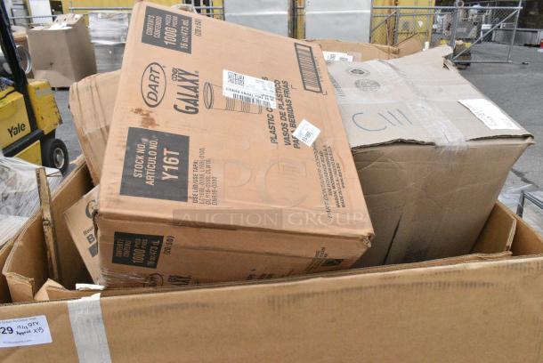 15 BRAND NEW! Boxes Including Y16T Dart Galaxy Tall Plastic Cold Cup, 330B190053W Elite Global Solutions B190053-W Monet 5 1/4" White Raised Rim Melamine Plate - 6/Case, 61252L Choice 7" Round Foil-Laminated Board Lid - 500/Case, 2 Box 500CC12 Choice Clear PET Customizable Plastic Cold Cup - 12 oz. - 1000/Case. 15 Times Your Bid! - Image 2 of 13