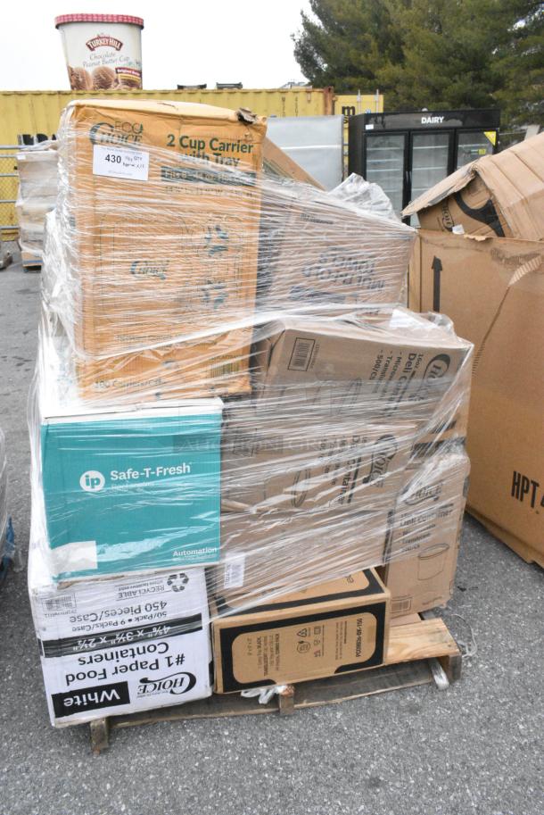 25 BRAND NEW! Boxes Including 127RD16BULK Choice 16 oz. Customizable Microwavable Translucent Round Deli Container - 500/Case, 2 Box 433CARTRAY2L 2 CUP CARRIER WITH TRAY 100/CS, 795PTOWHT1 White Microwavable Folded Paper #1 Take-Out Container, 347RPBD6WHSV PLATE 6" WH/SLV BAND 150 SILVER VISIONS, 129MCR24B Choice 24 oz. Black Round Microwavable Heavy Weight Container with Lid 7 1/4" - 150/Case, 346BKFSNSPM Choice Medium Weight Black Wrapped Polypropylene Plastic Cutlery Set with Napkin and Salt and Pepper Packets - 250/Case, 395TO993 EcoChoice 9" x 9" x 3" Compostable Sugarcane / Bagasse 3 Compartment Takeout Container - 200/Case, 347RPBD6WHSV Visions 6" White Plastic Plate with Silver Bands - 150/Case. 25 Times Your Bid! - Image 1 of 19