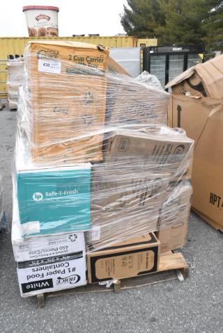 25 BRAND NEW! Boxes Including 127RD16BULK Choice 16 oz. Customizable Microwavable Translucent Round Deli Container - 500/Case, 2 Box 433CARTRAY2L 2 CUP CARRIER WITH TRAY 100/CS, 795PTOWHT1 White Microwavable Folded Paper #1 Take-Out Container, 347RPBD6WHSV PLATE 6" WH/SLV BAND 150 SILVER VISIONS, 129MCR24B Choice 24 oz. Black Round Microwavable Heavy Weight Container with Lid 7 1/4" - 150/Case, 346BKFSNSPM Choice Medium Weight Black Wrapped Polypropylene Plastic Cutlery Set with Napkin and Salt and Pepper Packets - 250/Case, 395TO993 EcoChoice 9" x 9" x 3" Compostable Sugarcane / Bagasse 3 Compartment Takeout Container - 200/Case, 347RPBD6WHSV Visions 6" White Plastic Plate with Silver Bands - 150/Case. 25 Times Your Bid!