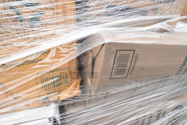 25 BRAND NEW! Boxes Including 127RD16BULK Choice 16 oz. Customizable Microwavable Translucent Round Deli Container - 500/Case, 2 Box 433CARTRAY2L 2 CUP CARRIER WITH TRAY 100/CS, 795PTOWHT1 White Microwavable Folded Paper #1 Take-Out Container, 347RPBD6WHSV PLATE 6" WH/SLV BAND 150 SILVER VISIONS, 129MCR24B Choice 24 oz. Black Round Microwavable Heavy Weight Container with Lid 7 1/4" - 150/Case, 346BKFSNSPM Choice Medium Weight Black Wrapped Polypropylene Plastic Cutlery Set with Napkin and Salt and Pepper Packets - 250/Case, 395TO993 EcoChoice 9" x 9" x 3" Compostable Sugarcane / Bagasse 3 Compartment Takeout Container - 200/Case, 347RPBD6WHSV Visions 6" White Plastic Plate with Silver Bands - 150/Case. 25 Times Your Bid! - Image 2 of 19