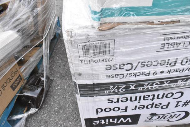 25 BRAND NEW! Boxes Including 127RD16BULK Choice 16 oz. Customizable Microwavable Translucent Round Deli Container - 500/Case, 2 Box 433CARTRAY2L 2 CUP CARRIER WITH TRAY 100/CS, 795PTOWHT1 White Microwavable Folded Paper #1 Take-Out Container, 347RPBD6WHSV PLATE 6" WH/SLV BAND 150 SILVER VISIONS, 129MCR24B Choice 24 oz. Black Round Microwavable Heavy Weight Container with Lid 7 1/4" - 150/Case, 346BKFSNSPM Choice Medium Weight Black Wrapped Polypropylene Plastic Cutlery Set with Napkin and Salt and Pepper Packets - 250/Case, 395TO993 EcoChoice 9" x 9" x 3" Compostable Sugarcane / Bagasse 3 Compartment Takeout Container - 200/Case, 347RPBD6WHSV Visions 6" White Plastic Plate with Silver Bands - 150/Case. 25 Times Your Bid! - Image 5 of 19