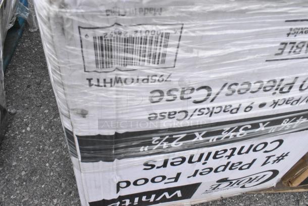 25 BRAND NEW! Boxes Including 127RD16BULK Choice 16 oz. Customizable Microwavable Translucent Round Deli Container - 500/Case, 2 Box 433CARTRAY2L 2 CUP CARRIER WITH TRAY 100/CS, 795PTOWHT1 White Microwavable Folded Paper #1 Take-Out Container, 347RPBD6WHSV PLATE 6" WH/SLV BAND 150 SILVER VISIONS, 129MCR24B Choice 24 oz. Black Round Microwavable Heavy Weight Container with Lid 7 1/4" - 150/Case, 346BKFSNSPM Choice Medium Weight Black Wrapped Polypropylene Plastic Cutlery Set with Napkin and Salt and Pepper Packets - 250/Case, 395TO993 EcoChoice 9" x 9" x 3" Compostable Sugarcane / Bagasse 3 Compartment Takeout Container - 200/Case, 347RPBD6WHSV Visions 6" White Plastic Plate with Silver Bands - 150/Case. 25 Times Your Bid! - Image 6 of 19