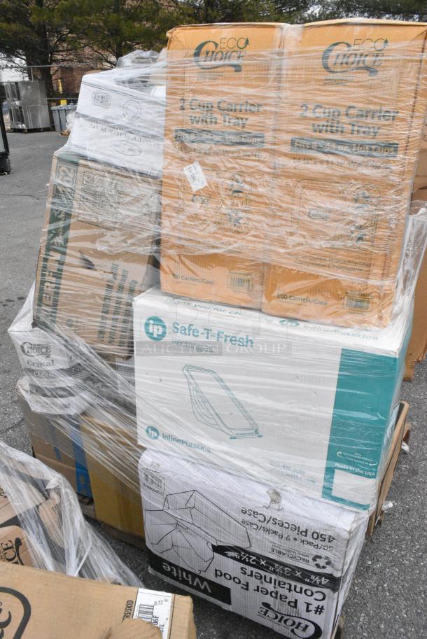 25 BRAND NEW! Boxes Including 127RD16BULK Choice 16 oz. Customizable Microwavable Translucent Round Deli Container - 500/Case, 2 Box 433CARTRAY2L 2 CUP CARRIER WITH TRAY 100/CS, 795PTOWHT1 White Microwavable Folded Paper #1 Take-Out Container, 347RPBD6WHSV PLATE 6" WH/SLV BAND 150 SILVER VISIONS, 129MCR24B Choice 24 oz. Black Round Microwavable Heavy Weight Container with Lid 7 1/4" - 150/Case, 346BKFSNSPM Choice Medium Weight Black Wrapped Polypropylene Plastic Cutlery Set with Napkin and Salt and Pepper Packets - 250/Case, 395TO993 EcoChoice 9" x 9" x 3" Compostable Sugarcane / Bagasse 3 Compartment Takeout Container - 200/Case, 347RPBD6WHSV Visions 6" White Plastic Plate with Silver Bands - 150/Case. 25 Times Your Bid! - Image 7 of 19