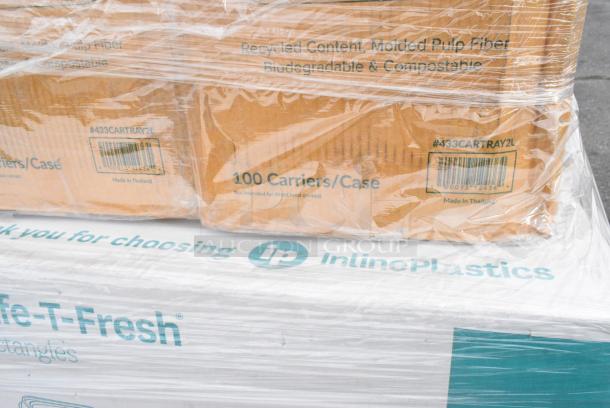 25 BRAND NEW! Boxes Including 127RD16BULK Choice 16 oz. Customizable Microwavable Translucent Round Deli Container - 500/Case, 2 Box 433CARTRAY2L 2 CUP CARRIER WITH TRAY 100/CS, 795PTOWHT1 White Microwavable Folded Paper #1 Take-Out Container, 347RPBD6WHSV PLATE 6" WH/SLV BAND 150 SILVER VISIONS, 129MCR24B Choice 24 oz. Black Round Microwavable Heavy Weight Container with Lid 7 1/4" - 150/Case, 346BKFSNSPM Choice Medium Weight Black Wrapped Polypropylene Plastic Cutlery Set with Napkin and Salt and Pepper Packets - 250/Case, 395TO993 EcoChoice 9" x 9" x 3" Compostable Sugarcane / Bagasse 3 Compartment Takeout Container - 200/Case, 347RPBD6WHSV Visions 6" White Plastic Plate with Silver Bands - 150/Case. 25 Times Your Bid! - Image 8 of 19