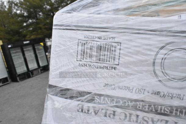 25 BRAND NEW! Boxes Including 127RD16BULK Choice 16 oz. Customizable Microwavable Translucent Round Deli Container - 500/Case, 2 Box 433CARTRAY2L 2 CUP CARRIER WITH TRAY 100/CS, 795PTOWHT1 White Microwavable Folded Paper #1 Take-Out Container, 347RPBD6WHSV PLATE 6" WH/SLV BAND 150 SILVER VISIONS, 129MCR24B Choice 24 oz. Black Round Microwavable Heavy Weight Container with Lid 7 1/4" - 150/Case, 346BKFSNSPM Choice Medium Weight Black Wrapped Polypropylene Plastic Cutlery Set with Napkin and Salt and Pepper Packets - 250/Case, 395TO993 EcoChoice 9" x 9" x 3" Compostable Sugarcane / Bagasse 3 Compartment Takeout Container - 200/Case, 347RPBD6WHSV Visions 6" White Plastic Plate with Silver Bands - 150/Case. 25 Times Your Bid! - Image 9 of 19