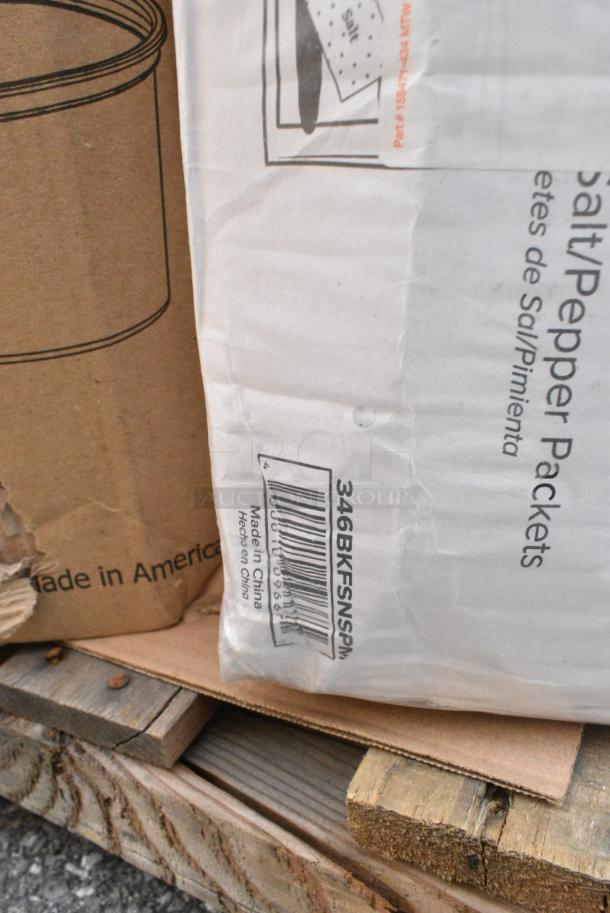 25 BRAND NEW! Boxes Including 127RD16BULK Choice 16 oz. Customizable Microwavable Translucent Round Deli Container - 500/Case, 2 Box 433CARTRAY2L 2 CUP CARRIER WITH TRAY 100/CS, 795PTOWHT1 White Microwavable Folded Paper #1 Take-Out Container, 347RPBD6WHSV PLATE 6" WH/SLV BAND 150 SILVER VISIONS, 129MCR24B Choice 24 oz. Black Round Microwavable Heavy Weight Container with Lid 7 1/4" - 150/Case, 346BKFSNSPM Choice Medium Weight Black Wrapped Polypropylene Plastic Cutlery Set with Napkin and Salt and Pepper Packets - 250/Case, 395TO993 EcoChoice 9" x 9" x 3" Compostable Sugarcane / Bagasse 3 Compartment Takeout Container - 200/Case, 347RPBD6WHSV Visions 6" White Plastic Plate with Silver Bands - 150/Case. 25 Times Your Bid! - Image 14 of 19