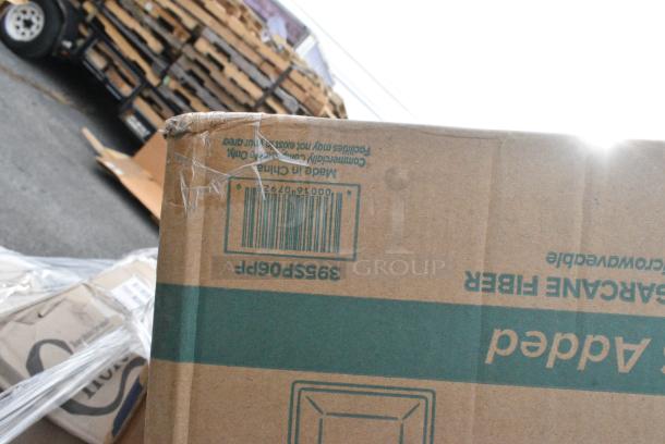 25 BRAND NEW! Boxes Including 127RD16BULK Choice 16 oz. Customizable Microwavable Translucent Round Deli Container - 500/Case, 2 Box 433CARTRAY2L 2 CUP CARRIER WITH TRAY 100/CS, 795PTOWHT1 White Microwavable Folded Paper #1 Take-Out Container, 347RPBD6WHSV PLATE 6" WH/SLV BAND 150 SILVER VISIONS, 129MCR24B Choice 24 oz. Black Round Microwavable Heavy Weight Container with Lid 7 1/4" - 150/Case, 346BKFSNSPM Choice Medium Weight Black Wrapped Polypropylene Plastic Cutlery Set with Napkin and Salt and Pepper Packets - 250/Case, 395TO993 EcoChoice 9" x 9" x 3" Compostable Sugarcane / Bagasse 3 Compartment Takeout Container - 200/Case, 347RPBD6WHSV Visions 6" White Plastic Plate with Silver Bands - 150/Case. 25 Times Your Bid! - Image 18 of 19