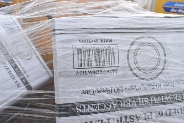 25 BRAND NEW! Boxes Including 127RD16BULK Choice 16 oz. Customizable Microwavable Translucent Round Deli Container - 500/Case, 2 Box 433CARTRAY2L 2 CUP CARRIER WITH TRAY 100/CS, 795PTOWHT1 White Microwavable Folded Paper #1 Take-Out Container, 347RPBD6WHSV PLATE 6" WH/SLV BAND 150 SILVER VISIONS, 129MCR24B Choice 24 oz. Black Round Microwavable Heavy Weight Container with Lid 7 1/4" - 150/Case, 346BKFSNSPM Choice Medium Weight Black Wrapped Polypropylene Plastic Cutlery Set with Napkin and Salt and Pepper Packets - 250/Case, 395TO993 EcoChoice 9" x 9" x 3" Compostable Sugarcane / Bagasse 3 Compartment Takeout Container - 200/Case, 347RPBD6WHSV Visions 6" White Plastic Plate with Silver Bands - 150/Case. 25 Times Your Bid! - Image 19 of 19