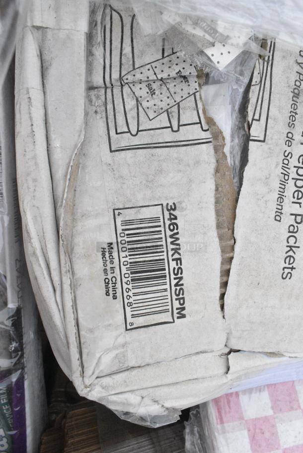 12 BRAND NEW! Boxes Including 346WKFSNSPM Choice White Medium Weight Wrapped Polypropylene Plastic Cutlery Pack with Napkin and Salt / Pepper Packets - 250/Case, 182RRF24 Plastic 18" x 24" Food Bag On A Roll - 250/Box, 500CC12 Choice Clear PET Customizable Plastic Cold Cup - 12 oz. - 1000/Case. 12 Times Your Bid! - Image 4 of 10