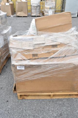 20 BRAND NEW! Boxes Including GET TSW-105 Folding Mahogany 38" Wood Tray Stand, 612605070 Choice Full Size Heavy-Duty Foil Steam Table Pan Deep 3 3/8" Depth - 50/Case, 966TALLFLDN Choice Kraft Natural Tall-Fold 6" x 13" Dispenser Napkin - 8000/Case, 500TW7 Choice 7 oz. Translucent Thin Wall Plastic Cold Cup - 2500/Case, 433910P 9" White Uncoated Paper Plate, 130WBKFORKH  Choice Black Heavy Weight Wrapped Polystyrene Plastic Fork - 1000/Case, 500MFTN Lavex Natural Brown Kraft M-Fold (Multifold) Towel - 4000/Case, 433NHT108 Choice 1/6 Standard Size White "Happy Face" Heavy-Duty Plastic T-Shirt Bag - 500/Case. 20 Times Your Bid!