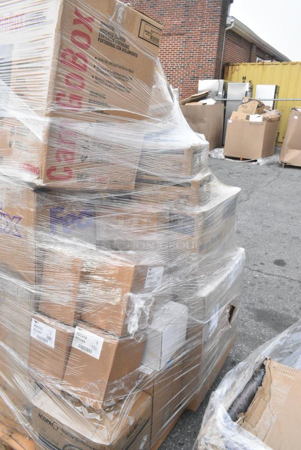 25 BRAND NEW! Boxes Including 2 Box Vollrath 465312 96 oz. Stainless Steel Water Pitcher, 303TBS14 Acopa 13 1/4" x 10 1/8" Brown Speckle Narrow Rim Oval Stoneware Platter - 12/Case, 347RPBD10WHG 10" BANDED PLASTIC PLATES 120/CS, 375ML287WH GET ML-287-W 15" x 7 1/2" White Siciliano Tray, 2 Box 164TCOLROD37 Lancaster Column and Rod. 25 Times Your Bid! - Image 5 of 12