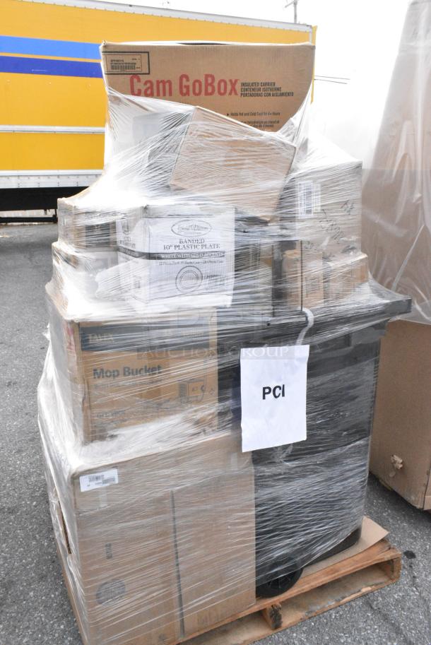 25 BRAND NEW! Boxes Including 2 Box Vollrath 465312 96 oz. Stainless Steel Water Pitcher, 303TBS14 Acopa 13 1/4" x 10 1/8" Brown Speckle Narrow Rim Oval Stoneware Platter - 12/Case, 347RPBD10WHG 10" BANDED PLASTIC PLATES 120/CS, 375ML287WH GET ML-287-W 15" x 7 1/2" White Siciliano Tray, 2 Box 164TCOLROD37 Lancaster Column and Rod. 25 Times Your Bid! - Image 9 of 12