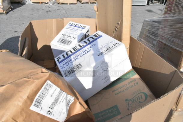 20 BRAND NEW! Boxes Including 2 Box Fineline 15346L-FL Super Bowl Plus Clear Flat PET Plastic Lid for 32 Wide, 48 Wide, and 64 oz. Square Bowls - 150/Case, 795PLAKFT2 EcoChoice Kraft PLA Lined Compostable #2 Take-Out Container 7 3/4" x 5 1/2" x 1 7/8" - 200/Case, 50010C Choice 10 oz. Coffee Print Poly Paper Hot Cup - 1000/Case, 460EG2472 Regency 24" x 72" NSF Green Epoxy Wire Shelf. 20 Times Your Bid! - Image 2 of 12