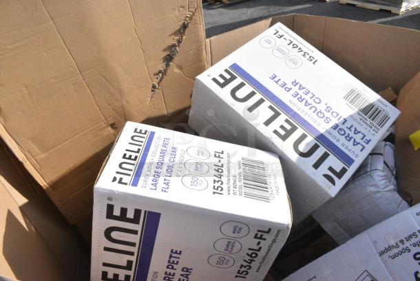 20 BRAND NEW! Boxes Including 2 Box Fineline 15346L-FL Super Bowl Plus Clear Flat PET Plastic Lid for 32 Wide, 48 Wide, and 64 oz. Square Bowls - 150/Case, 795PLAKFT2 EcoChoice Kraft PLA Lined Compostable #2 Take-Out Container 7 3/4" x 5 1/2" x 1 7/8" - 200/Case, 50010C Choice 10 oz. Coffee Print Poly Paper Hot Cup - 1000/Case, 460EG2472 Regency 24" x 72" NSF Green Epoxy Wire Shelf. 20 Times Your Bid! - Image 9 of 12