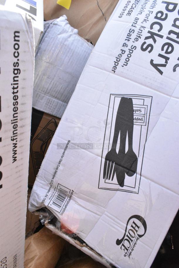 20 BRAND NEW! Boxes Including 2 Box Fineline 15346L-FL Super Bowl Plus Clear Flat PET Plastic Lid for 32 Wide, 48 Wide, and 64 oz. Square Bowls - 150/Case, 795PLAKFT2 EcoChoice Kraft PLA Lined Compostable #2 Take-Out Container 7 3/4" x 5 1/2" x 1 7/8" - 200/Case, 50010C Choice 10 oz. Coffee Print Poly Paper Hot Cup - 1000/Case, 460EG2472 Regency 24" x 72" NSF Green Epoxy Wire Shelf. 20 Times Your Bid! - Image 10 of 12