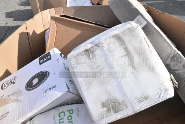 20 BRAND NEW! Boxes Including 347BP9BK Choice 9" Black Plastic Plate - 500/Case, 5002DNAP Choice White 2-Ply Dinner Napkin 17" x 15" - 3000/Case, 130BKFORKX Choice Black Extra Heavy Weight Polystyrene Plastic Fork - 1000/Case, 127P325C Choice 3.25 oz. Clear Plastic Souffle Cup / Portion Cup - 2500/Case, 500TW5 Choice 5 oz. Translucent Thin Wall Plastic Cold Cup - 2500/Case. 20 Times Your Bid! - Image 3 of 11