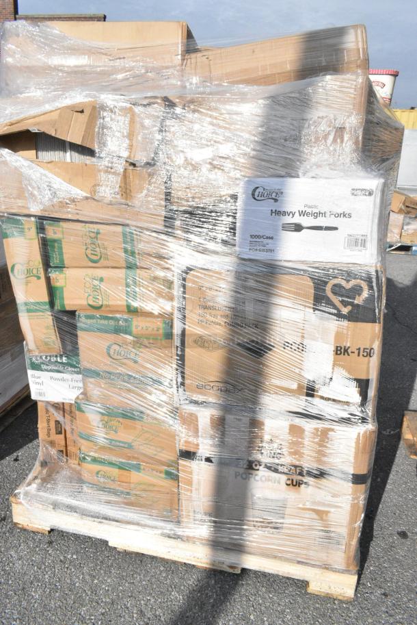 30 BRAND NEW! Boxes Including 130BKFORKH Choice Black Heavy Weight Polystyrene Plastic Fork - 1000/Case, 760V32KR Carnival King Kraft 32 oz. Popcorn Cup - 500/Case, 395RP09 EcoChoice No PFAS Added Bamboo / Bagasse Blend 9" Plate - 500/Case, 395TO881PF EcoChoice 8" x 8" x 3" No PFAS Added Natural Bagasse Blend Take-Out Container - 200/Case, 2 Box 433NHT101 TSHIRT BAGS, 128HD8COMBO Choice Heavy Duty 8 oz. Microwavable Translucent Plastic Deli Container and Lid Combo Pack - 240/Case, 500CC12 Choice Clear PET Customizable Plastic Cold Cup - 12 oz. - 1000/Case. 30 Times Your Bid! - Image 4 of 16