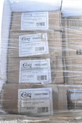 30 BRAND NEW! Boxes Including 127PL400 Choice PET Plastic Lid for 3.25 to 5.5 oz. Souffle Cup / Portion Cup - 2500/Case, 433SLINERBL Baker's Lane 16" x 24" Full Size Silicone Coated Parchment Paper Bun / Sheet Pan Liner Sheet - 1000/Case, 130TONG9HDBK Visions 9" Individually Wrapped Extra Heavy-Duty Black Disposable Polypropylene Tongs - 24/Case, 129MCR32B Choice 32 oz. Black Round Microwavable Heavy Weight Container with Lid 7 1/4" - 150/Case, 4 Box 105GC70002 Choice 2 Part Green and White Carbonless Guest Check Book - 50/Case, 5002TPJ Lavex 2-Ply 1000' Universal Jumbo Toilet Paper Roll with 8 1/2" Diameter - 12/Case, 129MCR32B Choice 32 oz. Black Round Microwavable Heavy Weight Container with Lid 7 1/4" - 150/Case, 394345L Noble NexGen Powder-Free Disposable Black Hybrid 3 Mil Thick Gloves - Large - 1000/Case, 347RP10WHSLV Visions 10" White Plastic Plate with Silver Lattice Design - 120/Case. 30 Times Your Bid!